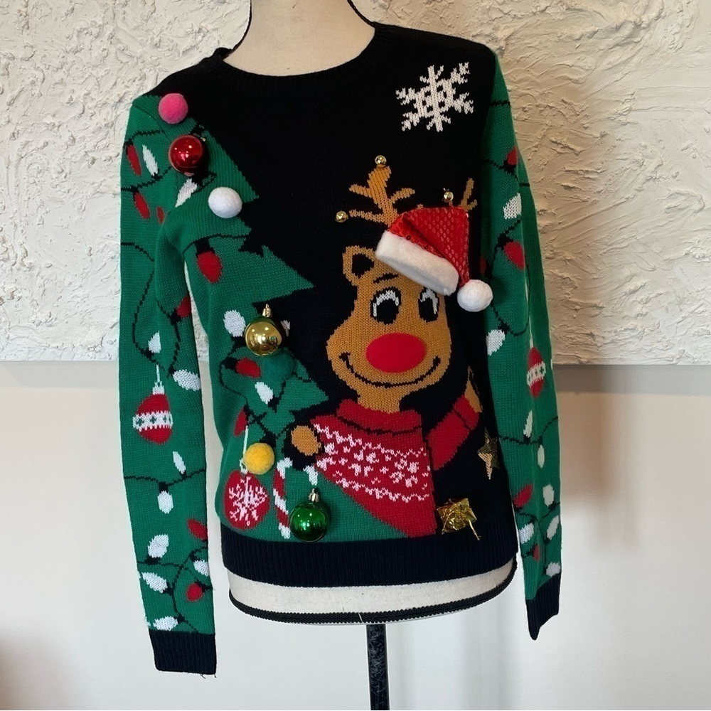No Boundaries Black Long Sleeve Ugly Christmas Sweater Bells Sz S (3-5) NWT.